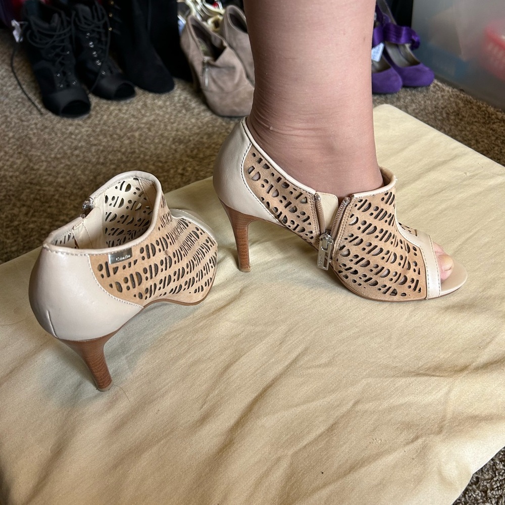 Elegant Cream and Tan Peep-Toe Heels